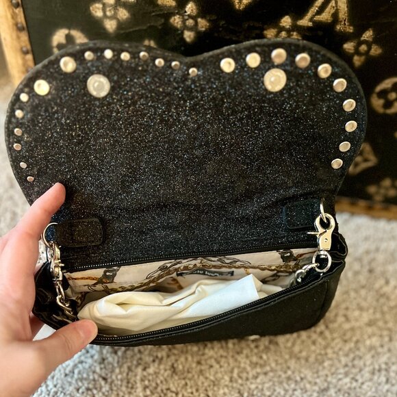 Black Leather Silver Studded Clutch, Crossbody Strap - Picture 3 of 4